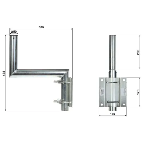 Zdjęcie przedstawia metalowy uchwyt antenowy z wymiarami podanymi w milimetrach, pokazany z dwóch perspektyw: z boku i z przodu. Uchwyt ma kształt litery "L" z rurą o średnicy 50 mm i różnymi długościami ramion.