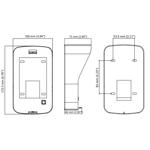 Schemat przedstawia wymiary urządzenia elektronicznego w trzech rzutach: z przodu, z boku i z góry. Wymiary podane są zarówno w milimetrach, jak i calach, a urządzenie ma prostokątny kształt z zaokrąglonymi krawędziami.