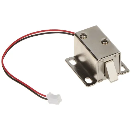Zaczep elektromagnetyczny szafkowy z metalową obudową i dwoma śrubami na górze, z przymocowanym czerwono-czarnym przewodem zakończonym białą wtyczką. Urządzenie posiada prostokątną płytkę montażową z otworami na śruby.