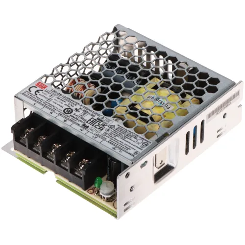 Zasilacz impulsowy LRS-35-12 Mean Well z metalową obudową o strukturze plastra miodu. Widoczne są złącza i etykieta z informacjami technicznymi.