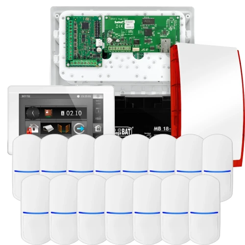 SATEL INTEGRA 32 signalizacijos rinkinys, 15x PET jutiklis, sirena, baltas valdiklis INT-TSI-W