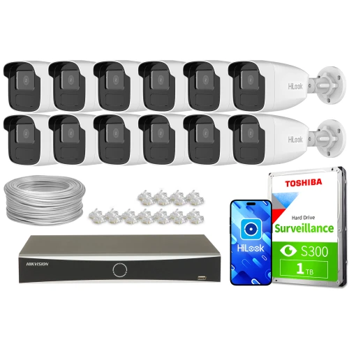 Na zdjęciu znajduje się zestaw do monitoringu, który obejmuje dziesięć kamer HiLook, rejestrator, dysk twardy Toshiba o pojemności 1 TB, kabel oraz złącza. Obok sprzętu widoczny jest również smartfon z aplikacją HiLook.