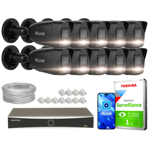 Na zdjęciu znajduje się zestaw do monitoringu, składający się z dziesięciu kamer HiLook, rejestratora Hikvision, dysku twardego Toshiba o pojemności 1 TB, kabla oraz złączek. Kamery są ułożone w dwóch rzędach, a pozostałe elementy zestawu są rozmieszczone poniżej.