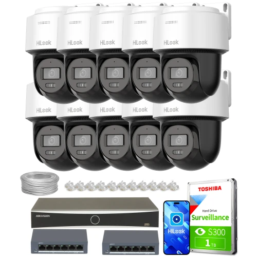 Zestaw do monitoringu składający się z dziesięciu kamer PTZ marki HiLook, rejestratora Hikvision, dwóch switchów, dysku twardego Toshiba 1 TB oraz przewodów i akcesoriów montażowych. Kamery są ułożone w dwóch rzędach, a pozostałe elementy zestawu są rozmieszczone poniżej.