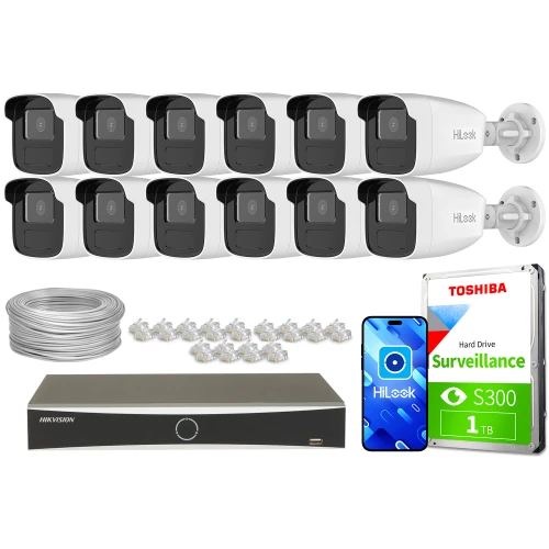 Zestaw do monitoringu składający się z dwunastu kamer IP HiLook, rejestratora Hikvision, dysku twardego Toshiba o pojemności 1 TB oraz akcesoriów takich jak przewody i złącza. Kamery są w kolorze białym z czarnymi elementami, a dysk twardy jest oznaczony jako model do monitoringu.