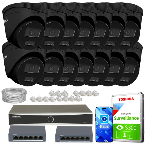 Na zdjęciu znajduje się zestaw do monitoringu, który obejmuje czternaście czarnych kamer, rejestrator, dwa switche, dysk twardy Toshiba oraz akcesoria montażowe. Elementy są ułożone na białym tle, prezentując kompletny system zabezpieczeń.
