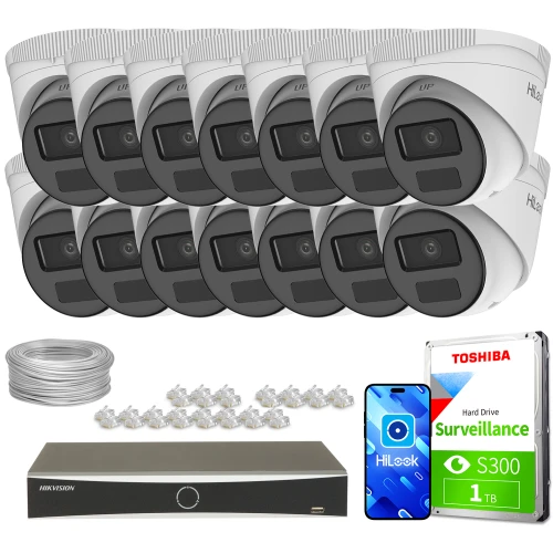 Zestaw do monitoringu składający się z czternastu kamer, rejestratora, dysku twardego Toshiba oraz akcesoriów montażowych. Kamery są ułożone w dwóch rzędach, a pozostałe elementy zestawu są rozmieszczone poniżej.