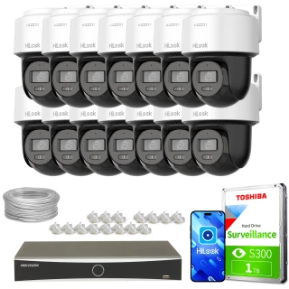 Zestaw do monitoringu składający się z czternastu kamer HiLook, rejestratora Hikvision, dysku twardego Toshiba 1 TB, kabla oraz złączek. Kamery są białe z czarnymi elementami, a dysk i rejestrator mają nowoczesny design.