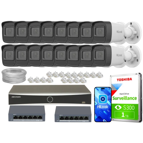 Zestaw do monitoringu składający się z szesnastu kamer HiLook, rejestratora Hikvision, dwóch switchów, dysku twardego Toshiba oraz akcesoriów montażowych. Na zdjęciu widoczne są również przewody i złącza niezbędne do instalacji systemu.