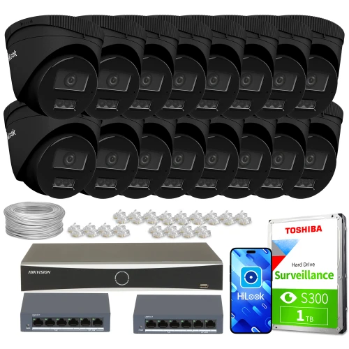 Zestaw do monitoringu składający się z szesnastu czarnych kamer kopułkowych, rejestratora, dwóch switchów, dysku twardego Toshiba 1TB oraz akcesoriów montażowych. Na zdjęciu widoczne są również kable i aplikacja mobilna HiLook.