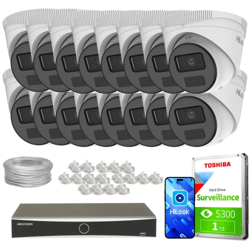 Zestaw do monitoringu składający się z szesnastu kamer, rejestratora, dysku twardego Toshiba oraz akcesoriów montażowych. Kamery są białe z czarnymi elementami, a dysk ma pojemność 1 TB.