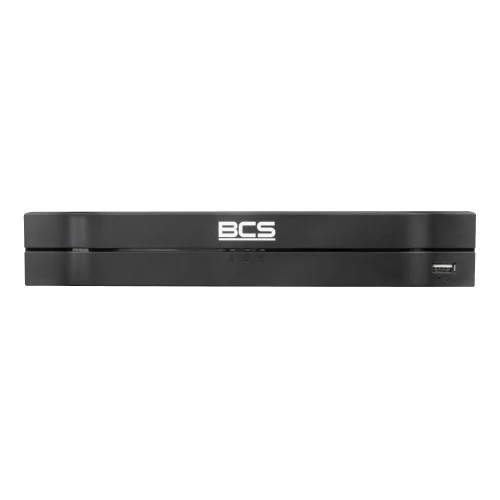 Czarny rejestrator BCS z białym logo na środku przedniego panelu. Po prawej stronie znajduje się port USB.