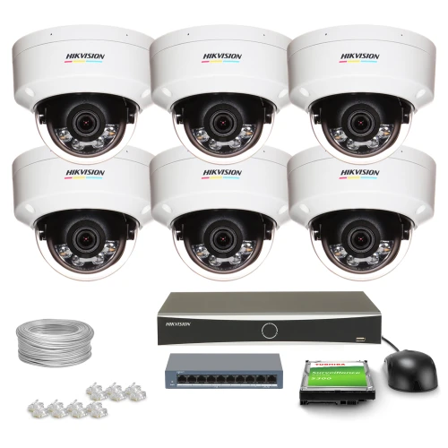 Zestaw do monitoringu składający się z sześciu kamer kopułkowych, rejestratora, kabla, switcha, dysku twardego i myszki. Kamery są białe z logo producenta, a pozostałe elementy są w kolorze czarnym i szarym.