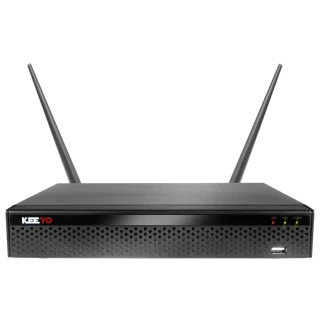 Na zdjęciu znajduje się czarny rejestrator do monitoringu marki Keeyo z dwoma antenami, wyposażony w diody sygnalizacyjne na przednim panelu. Urządzenie ma nowoczesny design z perforowanym wzorem na froncie.