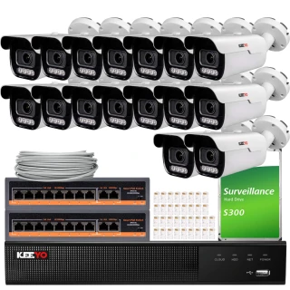 Zestaw do monitoringu składający się z szesnastu kamer, dwóch switchów, dysku twardego oraz rejestratora. Kamery są białe z czarnymi elementami, a rejestrator i switch mają czarne obudowy z czerwonymi i pomarańczowymi akcentami.