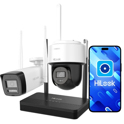 Zestaw do monitoringu Wi-Fi HiLook składający się z dwóch kamer, rejestratora i smartfona z aplikacją. Kamery mają nowoczesny design, a aplikacja na ekranie telefonu pokazuje logo HiLook.