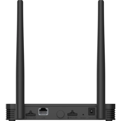 Na zdjęciu znajduje się czarny router z dwoma pionowymi antenami, widziany od tyłu. Widoczne są porty LAN, Micro SIM, Micro SD, przycisk reset oraz gniazdo zasilania.