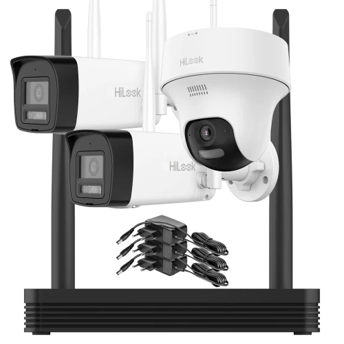 Zestaw do monitoringu Wi-Fi składający się z dwóch kamer tubowych, jednej kamery kopułkowej oraz rejestratora. W zestawie znajdują się również zasilacze i kable połączeniowe.