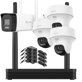 Zestaw do monitoringu Wi-Fi składający się z trzech białych kamer kopułkowych, jednej kamery tubowej oraz rejestratora z antenami. Obok znajdują się kable zasilające do podłączenia urządzeń.