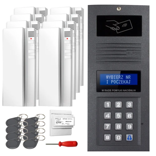 Zestaw domofonowy cyfrowy składający się z panelu z klawiaturą numeryczną, wyświetlaczem i czytnikiem kart zbliżeniowych, kilku białych unifonów oraz breloków RFID. W zestawie znajduje się również śrubokręt i moduł elektroniczny.