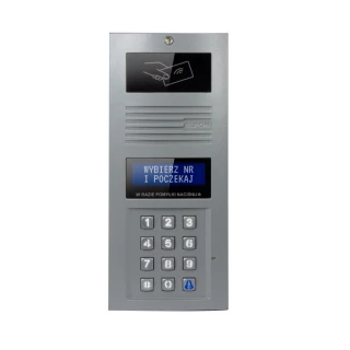 Cyfrowy panel domofonowy z klawiaturą numeryczną i wyświetlaczem LCD, na którym widnieje komunikat "WYBIERZ NR I POCZEKAJ". Urządzenie posiada również ikonę zbliżeniową do kart dostępu oraz logo producenta Elfon.