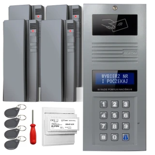 Zestaw domofonowy cyfrowy składający się z panelu z klawiaturą numeryczną i wyświetlaczem, czterech słuchawek, breloków RFID, śrubokręta oraz modułu elektronicznego. Panel frontowy posiada miejsce na kartę zbliżeniową i przyciski do wprowadzania kodu.