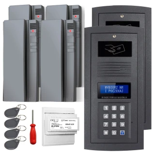 Zestaw domofonowy cyfrowy składający się z panelu z klawiaturą numeryczną, czterech słuchawek, breloków zbliżeniowych, śrubokręta i modułu elektronicznego. Panel posiada wyświetlacz oraz miejsce na kartę zbliżeniową.
