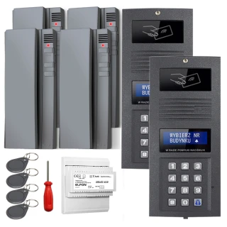 Zestaw domofonowy cyfrowy składający się z kilku paneli z klawiaturą numeryczną, breloków zbliżeniowych, śrubokręta oraz modułu elektronicznego. Panele mają ciemnoszare wykończenie i wyświetlacze LED.