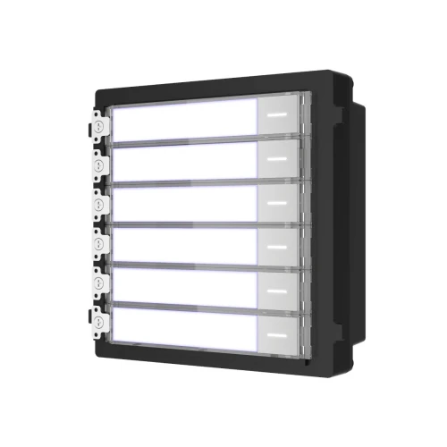 Zestaw wideodomofonowy IP z sześcioma przyciskami i podświetlanymi etykietami na nazwiska, w eleganckiej czarnej obudowie. Urządzenie przeznaczone jest do montażu naściennego, oferując nowoczesny design i funkcjonalność.