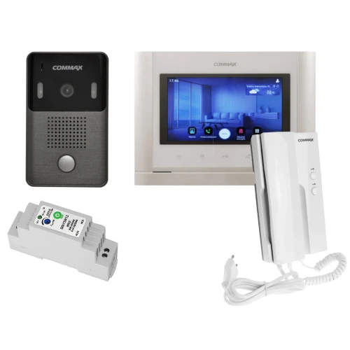 Zestaw wideodomofonowy składa się z eleganckiego panelu zewnętrznego z kamerą, nowoczesnego monitora z wyświetlaczem dotykowym oraz słuchawki do komunikacji. Dodatkowo w zestawie znajduje się moduł zasilający do montażu na szynie DIN.
