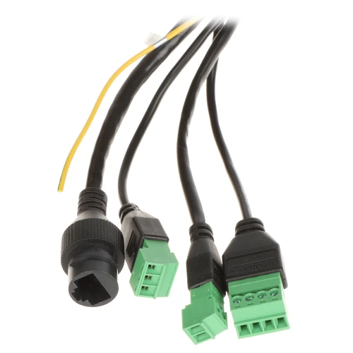 Zdjęcie przedstawia zestaw złączy do kamer, składający się z kilku kabli zakończonych różnymi wtykami, w tym zielonymi złączami śrubowymi i czarnym złączem RJ45. Kable są elastyczne i mają różne kolory przewodów, co ułatwia identyfikację i podłączenie.