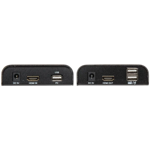 Zdjęcie przedstawia dwa czarne urządzenia elektroniczne z różnymi złączami, w tym HDMI, USB i zasilania DC 5V. Urządzenia te prawdopodobnie służą do przesyłania sygnału audio-wideo, z jednym oznaczonym jako nadajnik (HDMI IN) i drugim jako odbiornik (HDMI OUT).