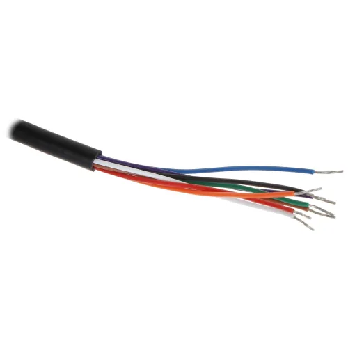 Zdjęcie przedstawia przecięty kabel z odsłoniętymi, kolorowymi przewodami wewnętrznymi. Przewody mają różne kolory: niebieski, czarny, zielony, czerwony, biały i pomarańczowy.